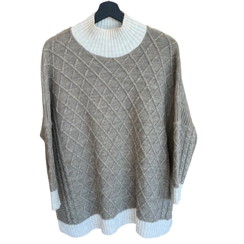 Mer Sea Diamond Cable Knit Relaxed Turtleneck Sweater Grey White One Size